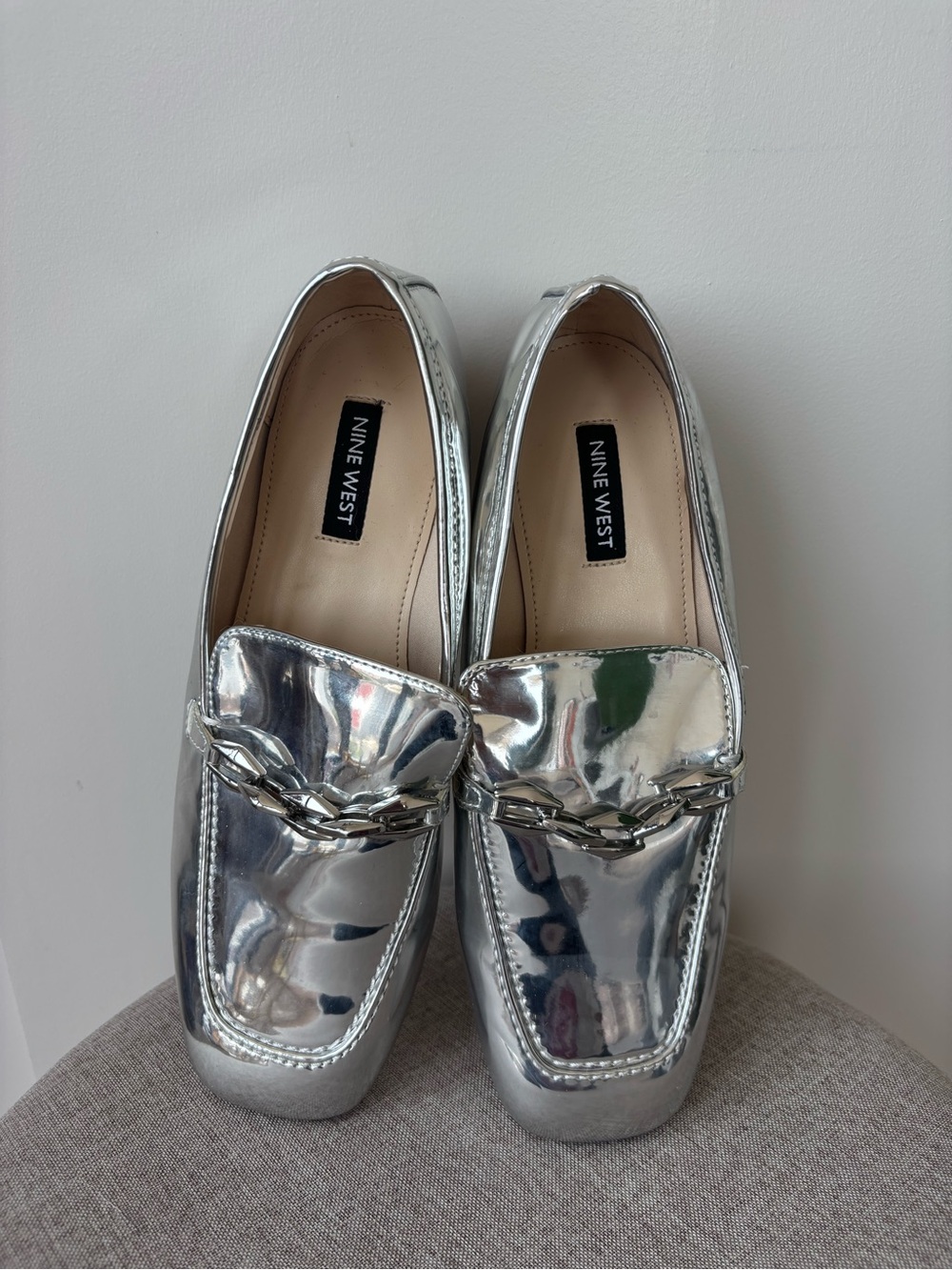 Nine West Silver Metallic Chain-Trim Loafers